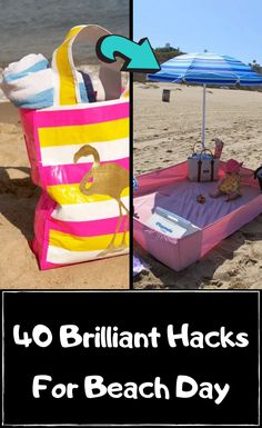 two pictures with the words 10 brilliant hacks for beach day on it and an umbrella