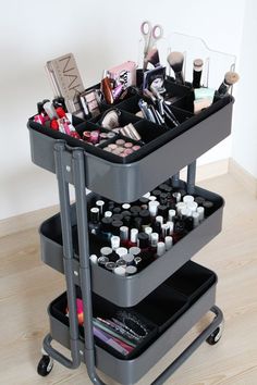 Create+A+Beauty+Station+On+Wheels+(And+Roll+It+Into+The+Closet+When+You+Have+Company) 3 Tier Cart Makeup Organization, Ikea Makeup Storage, Raskog Ikea, Nail Organizer, Makeup Cart, Ikea Raskog Cart, Ikea Cart