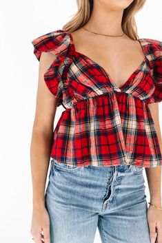 Be Merry Top - Red Plaid Plaid V-neck Tops For Fall, Red Ruffle Sleeve Summer Tops, Red Ruffle Sleeve Top For Summer, Trendy Plaid V-neck Top, Casual Red Blouse With Flutter Sleeves, Plaid V-neck Blouse For Fall, Casual Red Tops With Flutter Sleeves, Red V-neck Top For Day Out, Be Merry