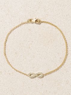 Jennifer Meyer's bracelet is strung with an 'Infinity' symbol that represents the never-ending possibilities of love and opportunity, making it a sweet gift for a loved one. It's handmade from 18-karat gold and pavéd with 0.27-carats of sparkling diamonds. Gold Diamond Bracelet, Latest Bracelets, Jennifer Meyer, Bracelets Gold Diamond, Infinity Symbol, Tennis Bracelet Diamond, Everyday Jewelry, Sparkle Diamonds, Chains Jewelry