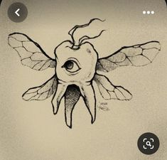 a pencil drawing of an apple with wings on it's back and eye in the middle