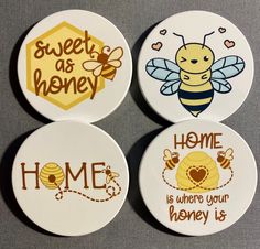 three buttons with different designs on them that say home is where your honey is, sweet as honey