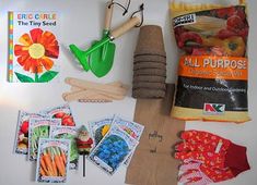 an assortment of gardening supplies laid out on a white surface with words describing the different types of garden tools