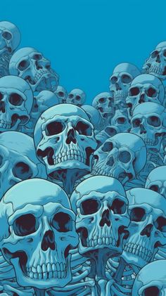 a bunch of skulls that are in the middle of a blue background with black and white lines