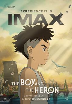 the boy and the heron movie poster with an airplane flying in the sky behind him