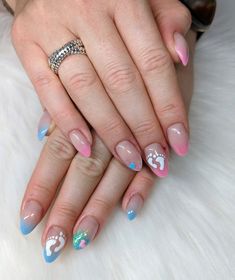 Pink and blue nails Baby Shower Nail Art Designs, Blue Baby Shower Nails, Gender Nails