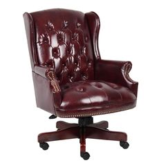 an office chair with leather upholstered back and arm rests on casteor wheels