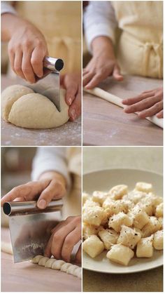 the process of making bread is shown in four different pictures, including dough being cut and placed on a plate