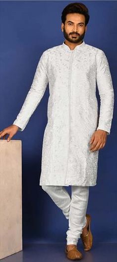 White and Off White color Kurta Pyjamas in Art Dupion Silk fabric with Embroidered, Thread work Luxury Classic White Kurta, Luxury White Jamawar Kurta, Party Wear Kurta, Dupion Silk, Thread Work, Off White Color, Silk Fabric, White Color, Party Wear