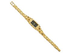 10k yellow gold ladies solid nugget watch. Features gold-tone hands and markers, 10k gold case and bracelet, stainless steel case back, mineral crystal, rectangular 15x31mm black dial. Comes with Seiko or Geneve quartz movement, water resistance, fold over catch clasp and one year warranty. Watch band measures approximately 7"L x 1/2"W. Gold Jewelry With Polished Finish And Rectangular Dial, Gold Rectangular Jewelry For Anniversary, Gold Analog Watch With Rectangular Face, Gold Rectangular Analog Watch, Rectangular Gold Analog Watch, Gold Rectangular Analog Jewelry And Watches, Gold Jewelry Watch With Rectangular Dial For Anniversary, Gold Jewelry And Watches With Rectangular Dial For Anniversary, Rectangular Face