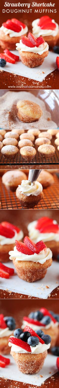 three images show different types of pies and pastries on trays with red, white and blue icing