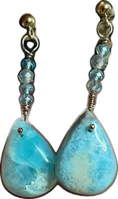 Handmade Light Blue Aquamarine Jewelry, Blue Pear-shaped Earrings For Gift, Elegant Handmade Larimar Jewelry, Blue Aquamarine Drop Jewelry, Elegant Larimar Dangle Earrings, Elegant Handmade Turquoise Teardrop Earrings, Blue Pear-shaped Jewelry As Gift, Turquoise Teardrop Pearl Drop Earrings, Handmade Blue Aquamarine Earrings