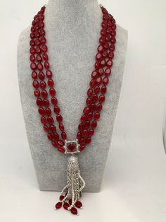 AD Red Stone Pendent Red Monalisa Beads Mala Necklace Length : 24 Inches No Earrings Elegant Red Coral Gemstone Beads, Long Necklace With Dangling Beads For Party, Elegant Red Coral Beads For Jewelry Making, Elegant Red Beaded Jewelry, Red Round Beads Jewelry For Festive Occasions, Red Coral Necklaces For Party, Elegant Dangle Beaded Necklaces With Faceted Beads, Elegant Dangle Beaded Necklace With Faceted Beads, Red Coral Necklace For Party