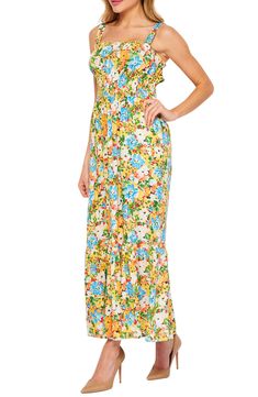 A sleeveless tiered maxi dress with an allover print. 52" length (size M) Square neck Sleeveless 100% rayon Machine wash Line dry Imported Model stats: 5'10" height, 32" bust, 25" waist, 36" hip. Model is wearing size M. Multicolor Smocked Back Maxi Sundress, Spring Rayon Maxi Dress With Smocked Back, Multicolor Maxi Sundress With Smocked Back, Multicolor Summer Maxi Dress With Smocked Bodice, Summer Multicolor Maxi Dress With Smocked Bodice, Multicolor Maxi Dress With Smocked Bodice For Vacation, Multicolor Tiered Maxi Dress With Smocked Bodice, Multicolor Sundress With Smocked Back, Fitted Multicolor Tiered Maxi Dress