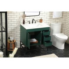 a bathroom vanity with two drawers and a sink in the middle, next to a white tiled wall