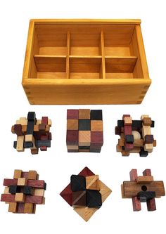 several pieces of wood are arranged in the shape of squares and rectangles,