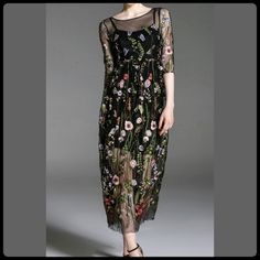 Stunning!!! Incredible Detail!!! Brand New Sheer Black Dress With Floral Embroidered Details!!! Side Zip Closure, 3/4 Sleeves. Measures: Pit To Pit 16.5” Waist 13” Sleeve Length 16” Length 51” Floral Aline Dress, Sheer Embroidered Dress, Casual Formal Dresses, Black Sheer Dress, A Line Maxi Dress, Unique Prom Dresses, White Bodycon Dress, Elegant Saree, Long Sleeve Midi Dress