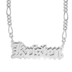 Sterling Silver / Figaro Chain Double Plated Nameplate Necklace "Kristen" With Figaro Chain Anniversary Nameplate Chain Necklace, Anniversary Silver Name Necklace With Figaro Chain, Silver Anniversary Name Necklace, Nameplate Chain Necklace, Silver Customizable Nameplate Necklace, Silver Nameplate Custom Necklace, Silver Engraved Name Necklace, Silver Engraved Metal Name Necklace, Figaro Chain Nameplate Necklace As Gift