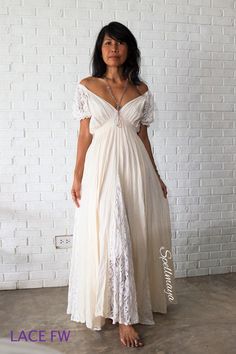 Beige V-neck Maxi Dress For Wedding, Bohemian V-neck Maxi Dress For Beach Wedding, Flowy Lace V-neck Maxi Dress, Bohemian Empire Waist Maxi Dress For Beach, Flowy V-neck Maxi Dress For Wedding, Flowy Floor-length Maxi Dress With Lace Trim, Flowy Lace Trim Floor-length Maxi Dress, Maternity Lace Trim Maxi Dress, Bohemian V-neck Maxi Dress For Maternity