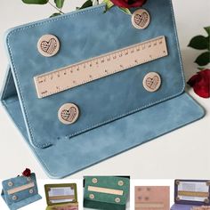 several different types of wallets with buttons and rulers on them, all in various colors