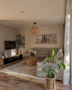 a living room filled with furniture and a flat screen tv on top of a wooden table