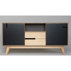 the sideboard is made from wood and has two drawers on each side, one door open