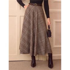 Designed With An Ultra High Waist And A Flattering Flared Silhouette, This Skirt Exudes Timeless Elegance. The Geometric Plaid Pattern Adds A Classic Touch, While The Belted Detail Enhances Your Waistline. Featuring A Convenient Zipper And Pockets, This Long Skirt Combines Practicality With Sophistication. Crafted From Non-Stretch Woven Fabric, It Offers A Comfortable And Loose Fit, Making It A Versatile Addition To Your Wardrobe For Any Occasion! Non-stretch Skirt For Office In Fall, Non-stretch Office Skirt For Fall, Non-stretch Skirt For Fall Workwear, Fall Office Skirted Bottoms, Skirted Bottoms For Workwear In Fall, 1920s Skirts, 1920s Skirt, Skirt With Pockets, Vintage Elegant