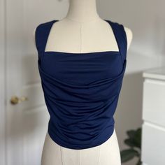 Pretty Going Out Blouse In Navy. Very Soft Material Elegant Navy Sleeveless Top, Chic Navy Tops For Party, Chic Navy Top For Party, Chic Navy Party Top, Navy Fitted Sleeveless Top, Navy Fitted Top For Night Out, Casual Blue Top For Date Night, Vintage Tops, Soft Material