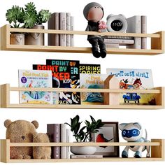 two wooden shelves with books, stuffed animals and plants on them in front of white background