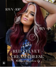 Velvet Hair Color, Red Velvet Hair Color, Red Velvet Hair, Redken Hair Color, Red Blonde Hair, Hair Color Formulas, Money Piece, Red To Blonde, Dyed Hair Inspiration