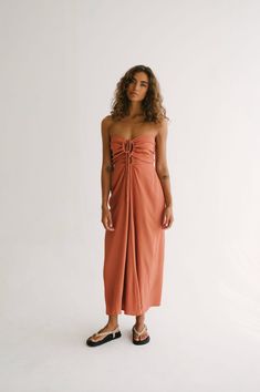 Be effortlessly event ready in the Malena Dress. A versatile, feminine silhouette that can be worn three ways - with a deep V neckline, halter style, or strapless. Consciously crafted with soft rayon crepe, this strappy midi dress will easily take you from balmy days to aperitivo and beyond. Dress Rayon, Strappy Midi Dress, Feminine Silhouette, Halter Style, Sheer Fabrics, Wearing Dress, Deep V, Hand Dyeing, High Waisted Skirt