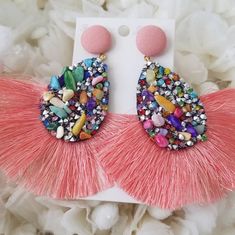 Fringe Earrings Summer Party Dangle Crystal Earrings, Summer Party Crystal Dangle Earrings, Multicolor Teardrop Earrings For Party, Teardrop Earrings For Summer Parties, Pink Tassel Earrings For Pierced Ears For Party, Pink Tassel Earrings For Summer Party, Trendy Pink Tassel Earrings For Party, Pink Teardrop Earrings For Beach, Summer Party Pink Tassel Earrings