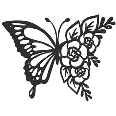 a black and white drawing of a butterfly with flowers on it's back end