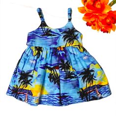 Bright Aloha Hawaii Dress For Little Girls Size Medium 100% Cotton Made In Hawaii Royal Hawaiian Creations Elastic Shoulder Straps Empire Waist Adjustable Drawstring Back Tie Dress Chest 22" Dress Lenght 17" New Without Tag Blue Tropical Print Sundress For Beach Season, Tropical Blue Sundress For Beach Season, Blue Hawaiian Printed Dresses, Playful Blue Sundress For Vacation, Playful Blue Sundress For The Beach, Playful Blue Sundress For Beach, Cute Printed Sundress For The Beach, Blue Hawaiian Dress With Tropical Print, Playful Blue Beach Sundress