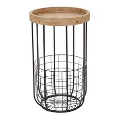 an iron wire basket with wooden top on a white background, it is also used as a side table