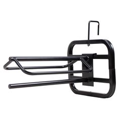 a black metal rack with two hooks on it's sides and one hanging off the wall