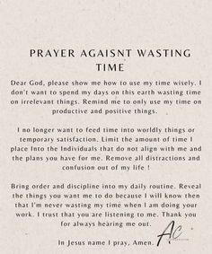 an old paper with the words prayer against wasteing time written in black on it