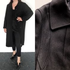 "Vintage black single breasted oversized coat for women. Beautiful coat, fully lined, button closure. Material: main fabric 100% wool. Lining 100% viscose. Brand: Lacoda Made in Finland Great vintage condition According to size charts, coat would fit sizes l, xl, xxl, depending on desired fit. On size tag, would fit to: bust 100 cm, hips 110 cm Please check measurements to insure a proper fit. (You can compare this with something from your closet that fits you well.) Measured laying flat: 43 1/2 Wool Overcoat, Wool Trench Coat, Coat For Women, Oversized Coat, Long Black, Size Charts, Long Coat, Size Tag, Single Breasted