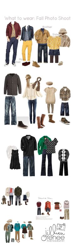 a bunch of different types of clothes and shoes on display with the words, what to wear fall photo shoot