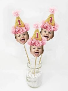 Birthday Face Retirement Centerpiece Sticks, 1st Birthday Photo Centerpieces, 1st Birthday Decorations, Rose Gold and Gold - Etsy Pink Center Piece Kids Party, Pink Vases With Flowers First Birthday, 1st Birthday Table Signs, Photo Centerpieces Diy Birthday, 1st Birthday Centerpiece Ideas, 1st Birthday Centerpieces, Easy Kids Party, Kids Party Centerpieces, First Birthday Centerpieces