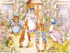 a painting of rabbits and cats in front of a house