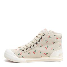 These cherry-picked high tops are ripe for the picking! 🍒 Featuring natural recycled cotton adorned with a cherry print, they're a treat for your feet and the planet. The soft cotton lining and plush insole promise cloud-like comfort, while the white rubber toe cap adds classic charm. Lace them up or zip on the side for a snug fit. Pair with your favorite jeans or a playful sundress and savor every step. 🌿👟 Style: Rocket Dog women's high top sneaker Upper Material: Cherry print on natural rec Sole Sneakers, Rocket Dog, High Top Sneaker, Cherry Print, Buy One Get One, Cotton Lace, Favorite Jeans, Recycled Cotton, High Top