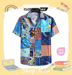 Men Fashion Leisure Holiday Lapel Short Sleeve Floral Plus Size Shirt Summer Patchwork Collar Top, Blue Collared Shirt With Patchwork, Casual Collared Shirt With Colorful Pattern, Blue Shirt With Colorful Pattern For Summer, Summer Blue Shirt With Colorful Pattern, Multicolor Patchwork Shirt For Vacation, Cotton Patchwork Shirt For Vacation, Vacation Cotton Patchwork Shirt, Spring Vacation Patchwork Shirt