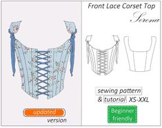 the front and back view of a corset top sewing pattern