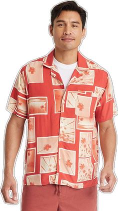 Short Sleeve Shirt For Fall Vacation, Red Summer Tops With Pockets, Vacation Shirt For Fall With Short Sleeves, Red Collared Camp Shirt For Vacation, Casual Red Camp Shirt For Spring, Red Camp Shirt With Button Closure And Short Sleeve, Red Relaxed Fit Shirt For Vacation, Red Relaxed Fit Camp Shirt For Vacation, Casual Orange Collared Camp Shirt