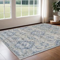 an area rug in front of a window with a potted plant next to it