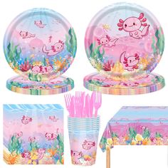 under the sea party supplies including plates, cups and napkins