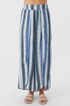 Laid-back, flowy woven pant that radiates effortless style. It features an elastic waist, wider fit and split leg detail. O'Neill Women's woven pant 28" Inseam 12.5" Front rise Elastic waist Wide leg fit Split leg detail 100% Viscose Blue Harem Pants For Beach In Spring, Ankle-length Wide Leg Pants For Beach, Relaxed Fit Ankle-length Bottoms For Vacation, Ankle-length Summer Vacation Bottoms, Beach Season Wide Leg Harem Pants With Elastic Waistband, Spring Beach Wide-leg Harem Pants, Beach Straight Pants With Pull-on Style, Chic Vacation Bottoms With Side Slits, Ankle-length Wide Leg Pants For Vacation