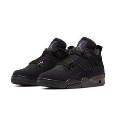 Drawing insipiration from MJ's nickname "the Black Cat", this revamp of the Nike Air Jordan 4 features a stealthy all-black look. Details include mesh underlays, signature wing eyelets and the Jumpman logo in Light Graphite. Black Cat 4s, Black Cat Breeds, Zapatillas Jordan Retro, Jordan Iv, Air Jordan Iv, Jordan 4 Black, Red Thunder, Basketball Shoes For Men, Nike Air Jordan 4