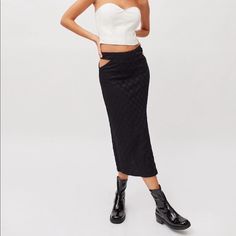 Nwt Checkered Black Maxi Skirt With Hip Cut Outs, Urban Outfitters, Stretchy Material Polka Dot Midi Skirt, Urban Outfitters Skirt, Bodycon Midi Skirt, Lace Midi Skirt, Cotton Midi Skirt, Checkered Skirt, High Waisted Maxi Skirt, Maxi Skirt Boho, Urban Outfitters Women